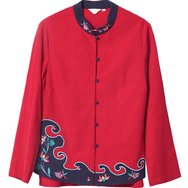 Национальный стиль ретро Красная Вышивка с длинными рукавами куртка женская