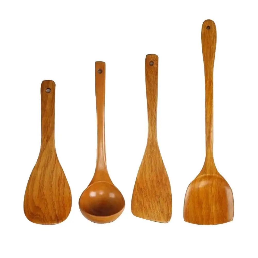 

4pcs/set Health Bamboo Wood Wok Shovels Slotted Spatula Spoon Mixing Holder Cooking Utensils Dinner Kitchen Shovels Supplies