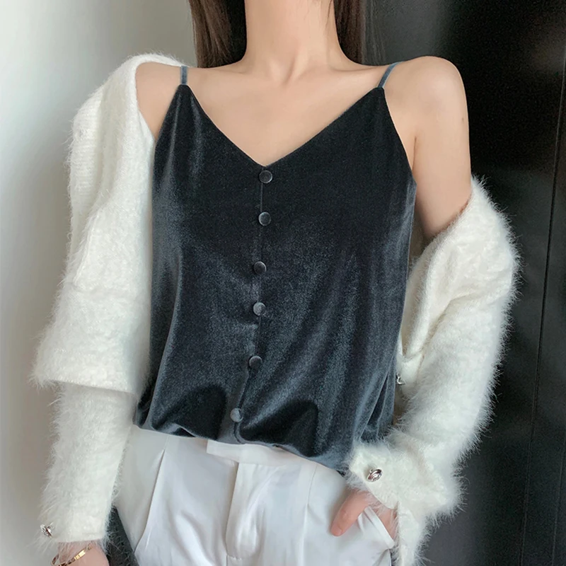 

2022 Camisole Tops Women Velvet Streetwear Causal Spaghetti Strap Female Cami Button V Neck Sexy Summer Women Camisole Tops