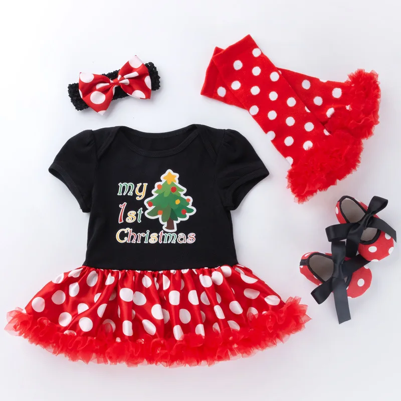 

4Pcs Set Newborn Baby Christmas Outfits Clothes Short Sleeve My 1st Christmas Tree Rompers Dresses Toddler Infant Party Costumes
