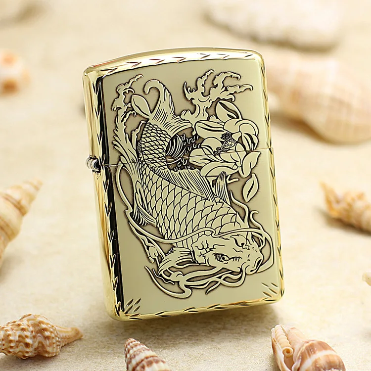 Подлинная Zippo масляной зажигалкой медь ветрозащитный лотоса карп 3D резьба