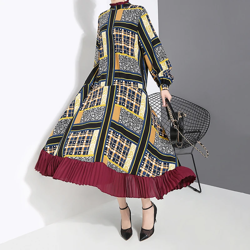 [EAM] Women Pattern Print Pleated Hit Color Dress New Stand Neck Long Sleeve Loose Fit Fashion Tide Spring Autumn 1A884