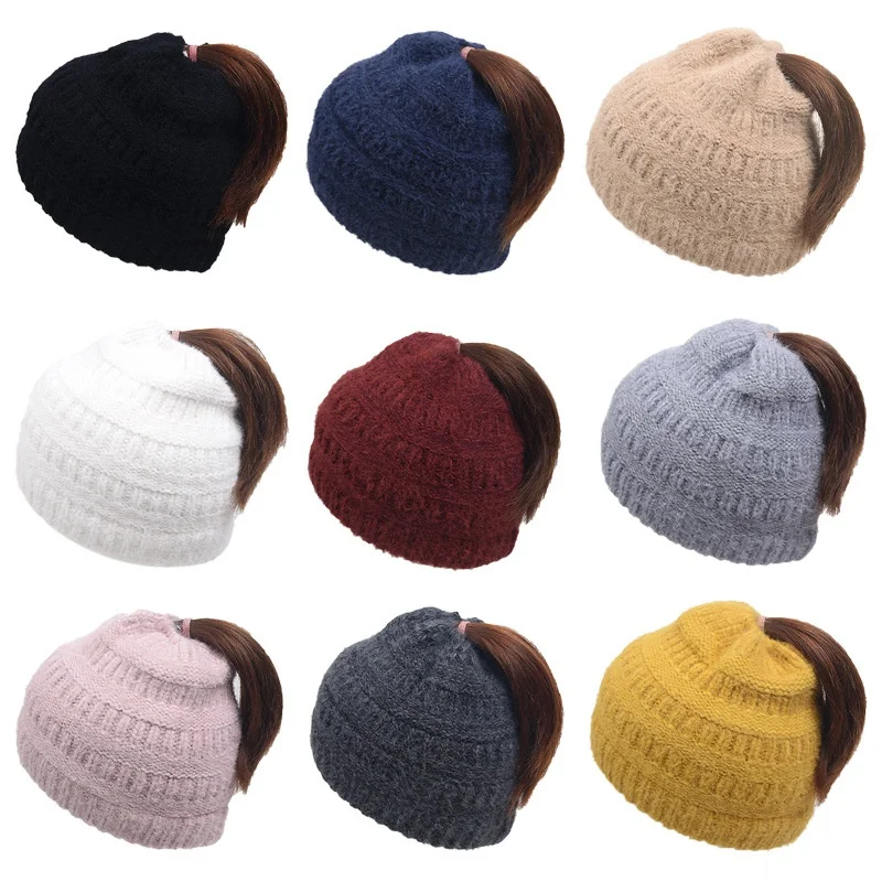 

Women Ponytail Beanies Autumn Winter Women Soft Solid Color Knitting Hats Ladies Warm Messy Bun Beanie