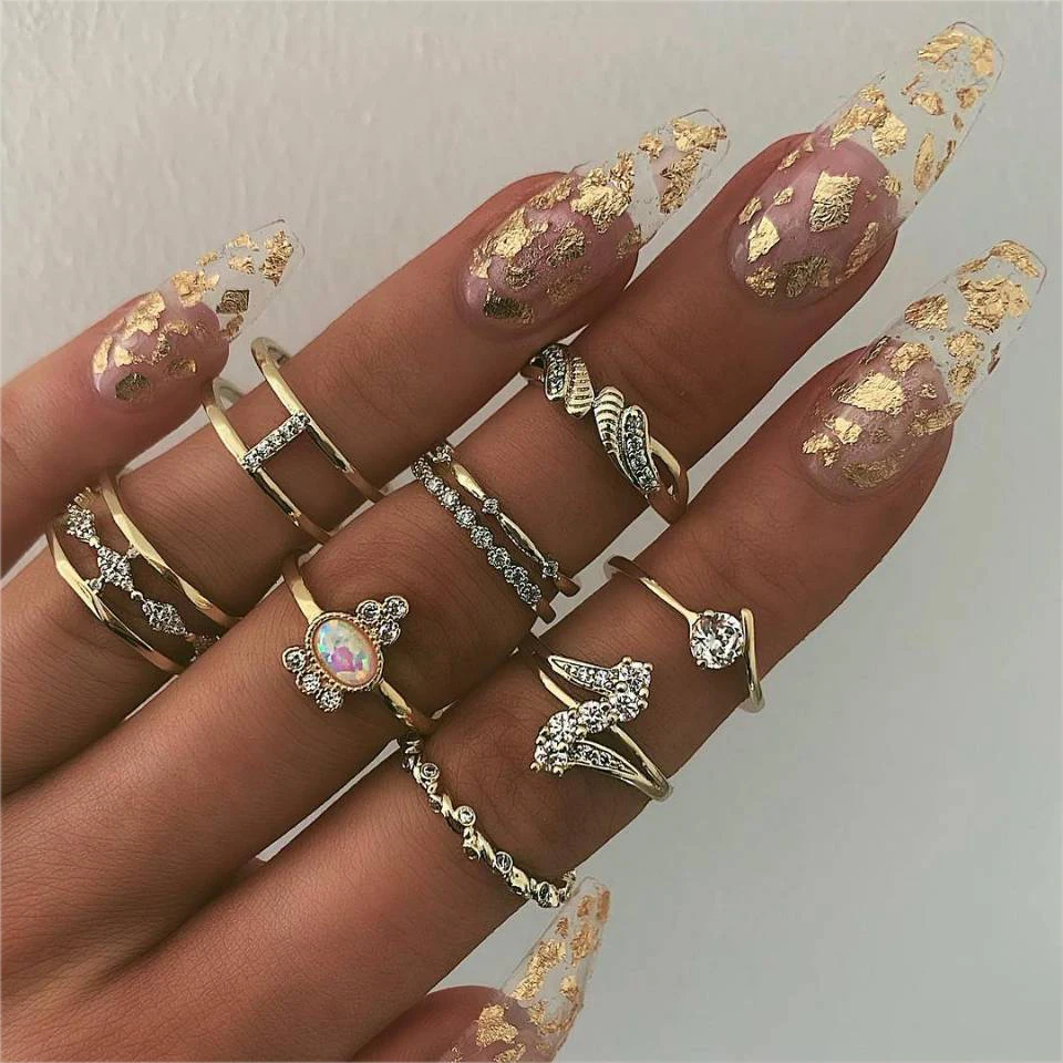 

9 Pcs/set Vintage Boho Geometry Crystal Finger Rings Set Gold Crown Midi Kunckle Ring Wedding Party Jewelry Accessories 2020