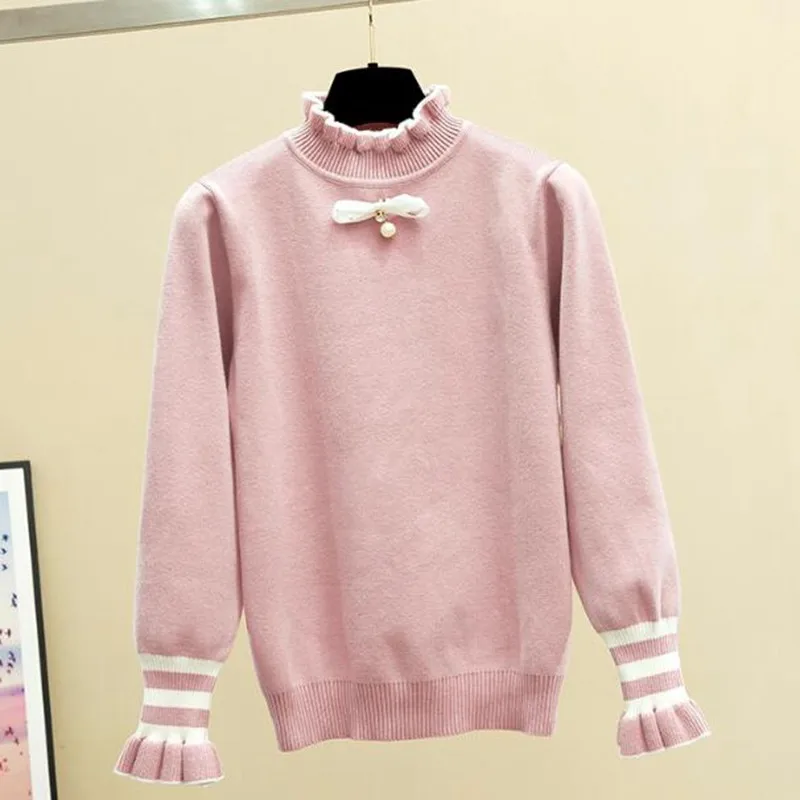 Pink 3142 GIGOGOU свитер с гофрированным воротником для женщин; сезон осень-зима; толстый женский джемпер с бантом и бусинами; элегантный свитер для школьниц; пуловер - Цвет: Pink 3142