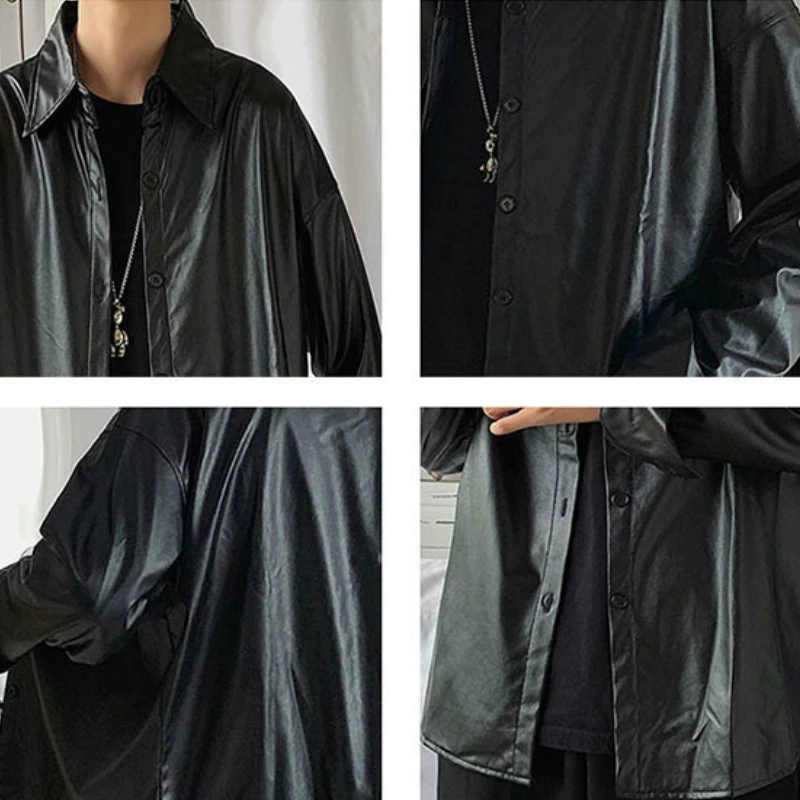 

Men Jackets Turn-down Collar Single Breasted Long Sleeve Black Retro Korean Style Ins Handsome Male Leather Coats Harajuku Chic