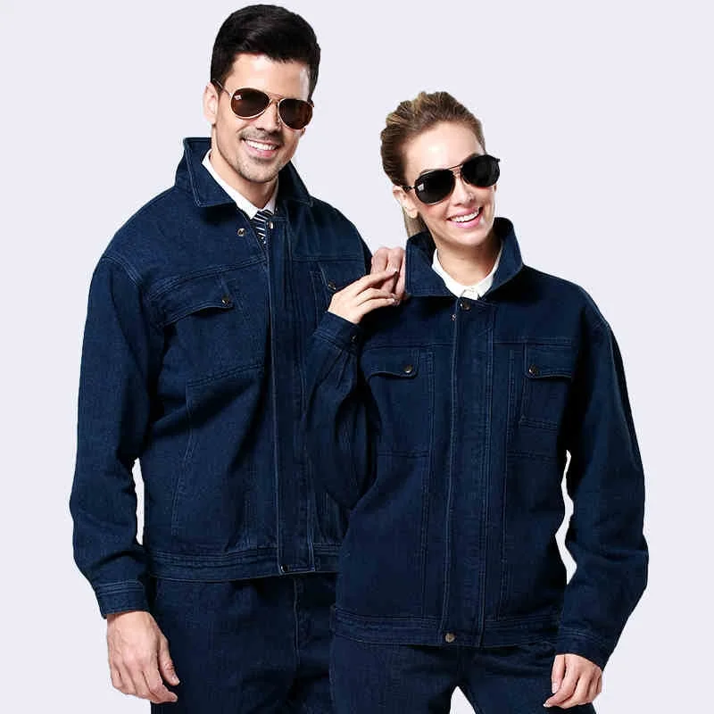 

Mens Denim work uniform Flame retardant welding suit Coveralls Overalls Worker jacket Repairman Machine Auto Repair Welder miner