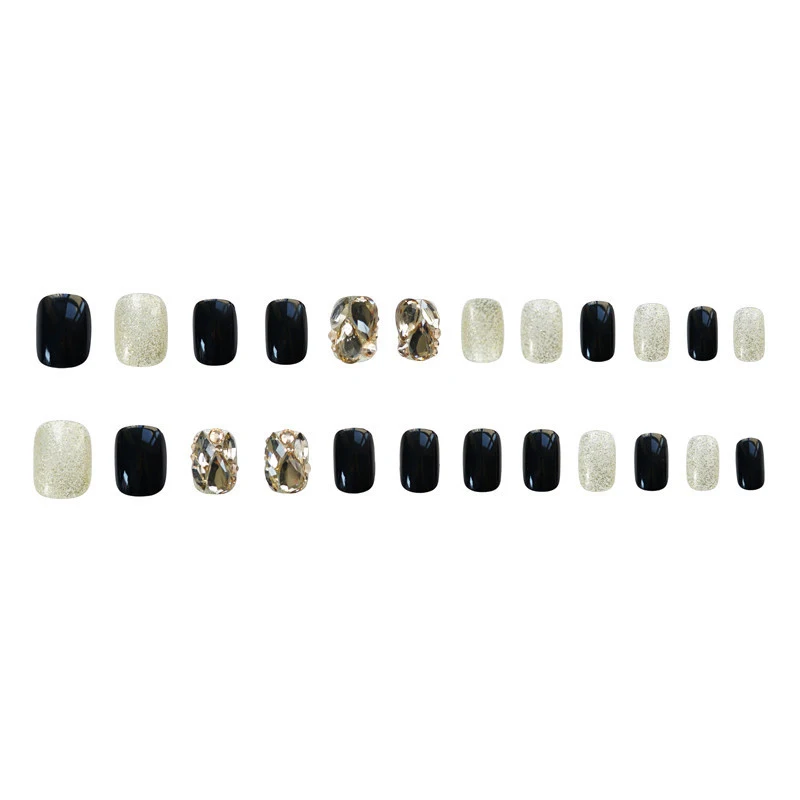 

Luxury Fake Nails Short Black Champagne Diamond Design Press On False Nail Patch Finished Nail Tips With Glue