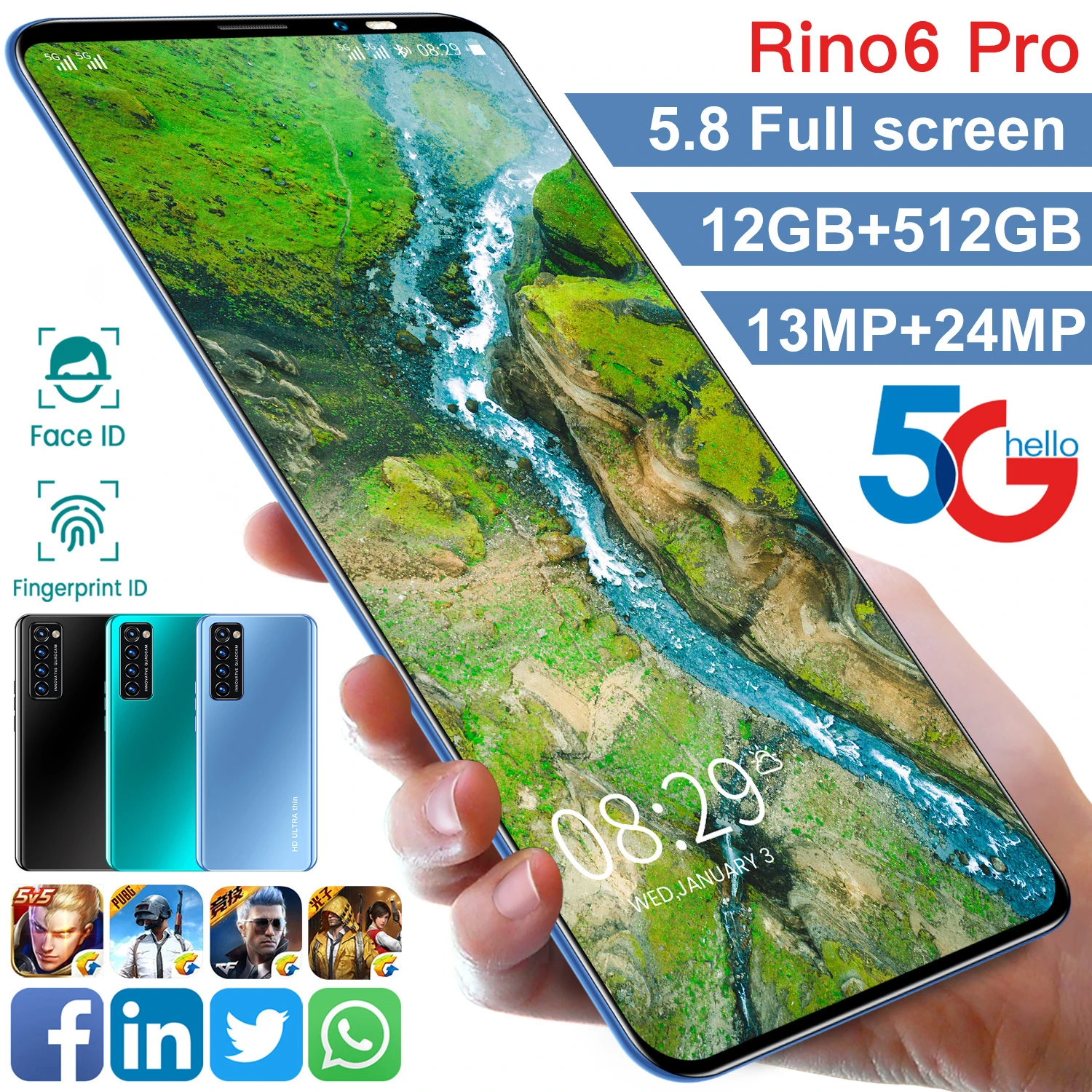 

2021 OPP 12GB 512GB 5.8Inch Full Screen Rino6 Pro 5G 13MP 24MP 4800mAh Snapdragon 888 Andriod 10 Face ID Deca Core Smartphone