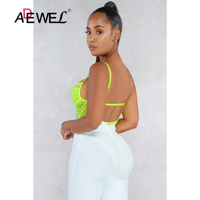 Женское прозрачное боди с леопардовым принтом ADEWEL зеленое черное сеткой пуш-ап