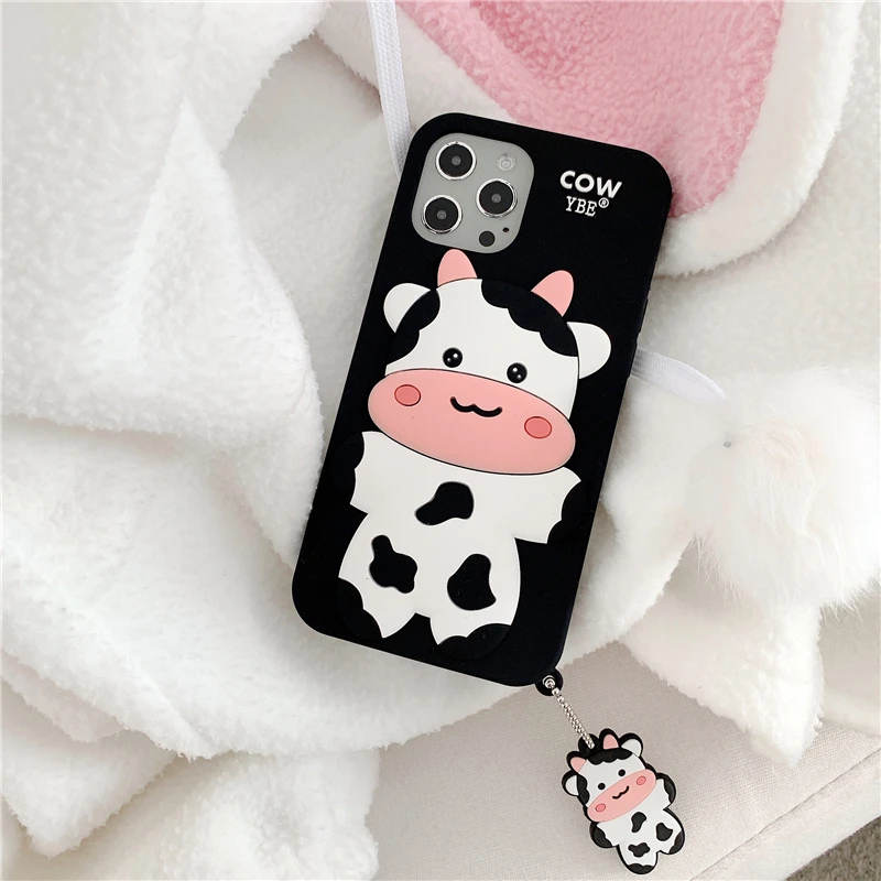 

Cute 3D Milk Cow Soft Silicone Phone Case for Iphone 12 11Pro Max XR XS Max X 8 7 Plus Girl Hairball Pendant Animal Cover Coque