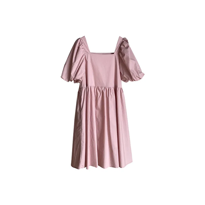 

2021 Summer 3-colors Square Collar Puff Sleeve Dress Women Korean Loose Casual Cotton Knee-Length Dress 21-63