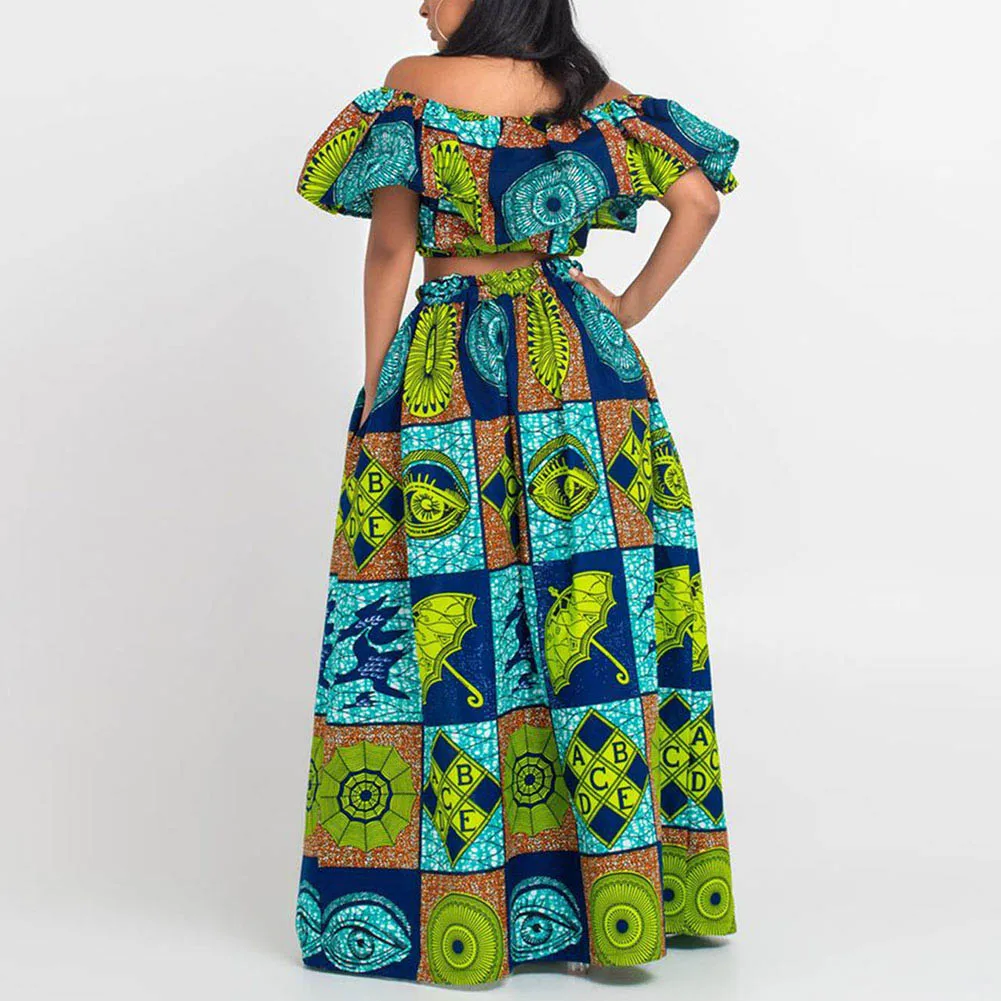 SUNGIFT Dashiki/Вечерние платья с открытыми плечами, разноцветное платье с принтом, африканская одежда для женщин, 2 предмета, 1 комплект, вечернее платье