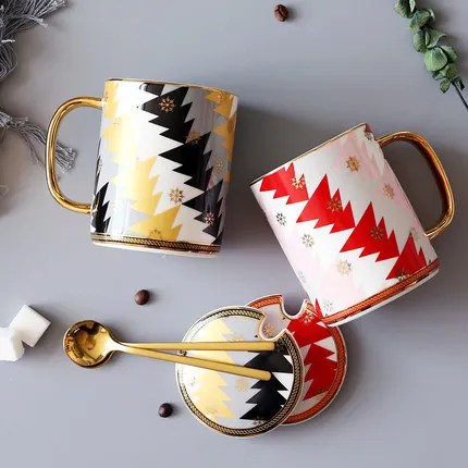 

Creative ceramic couple cup cold water cup Chinese festival cup afternoon tea coffee with milk and covered spoon household drink