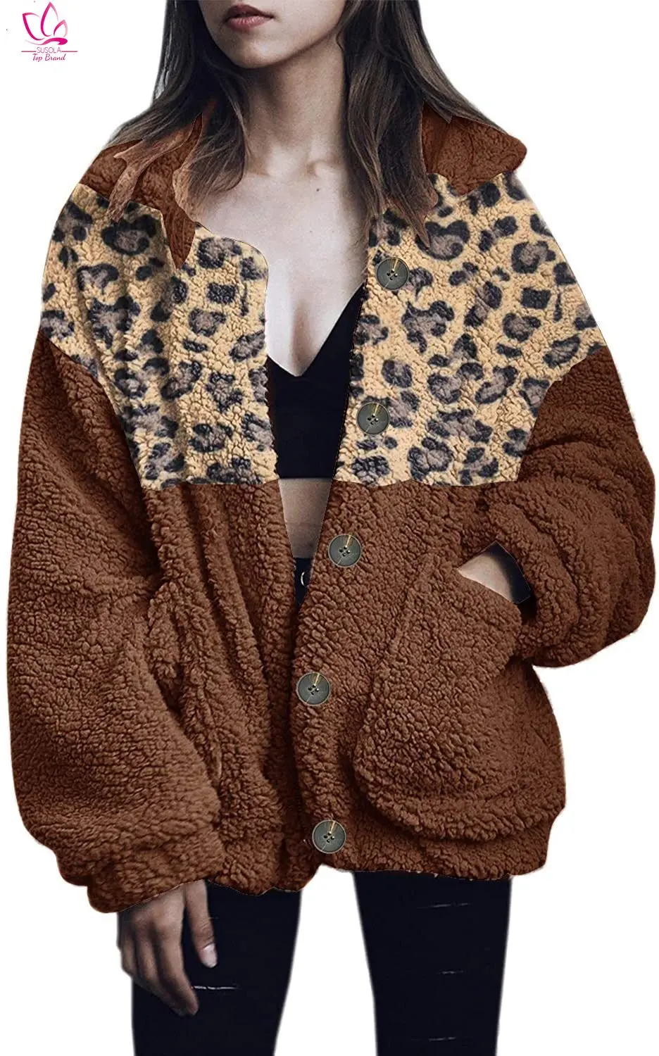 

Women's Leopard Coat Casual Lapel Fleece Faux Shearling Button Oversized Outwear Jackets Outwear Streewear Leopard Tops Coat