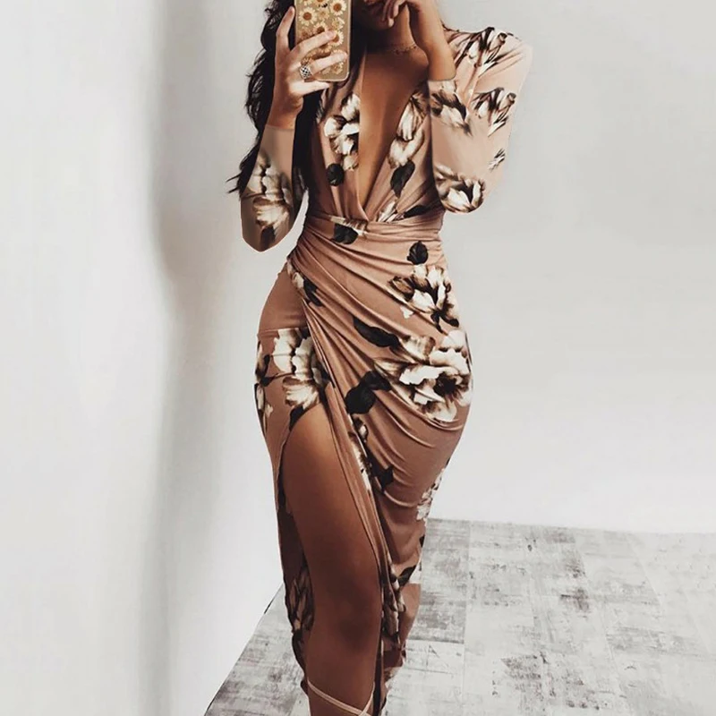 Женское шифоновое вечернее платье с глубоким V образным вырезом и разрезом