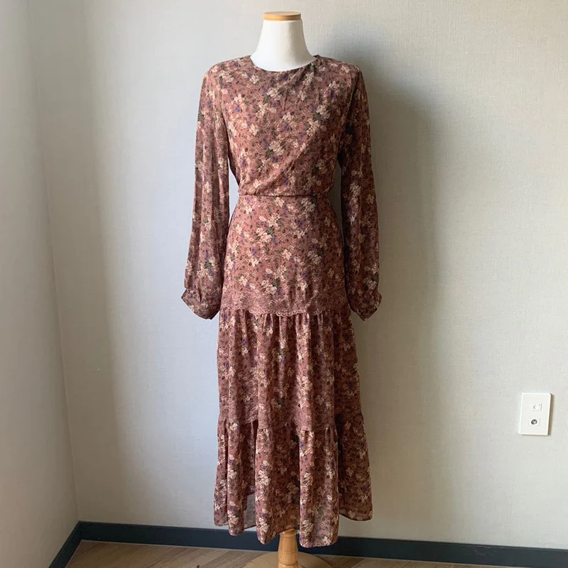 Женское винтажное платье BGTEEVER длинное с круглым вырезом и цветочным принтом на