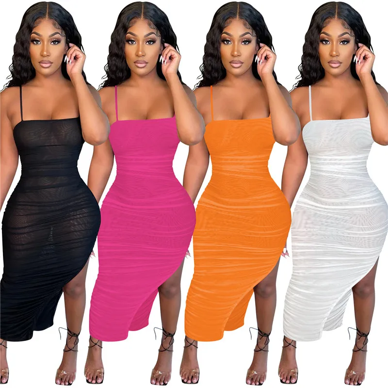 

WUHE Mesh Sexy Dresses For Women Solid Party Club Spaghetti Straps Dress Slit Pleated Tight Casual Slim Vestidos