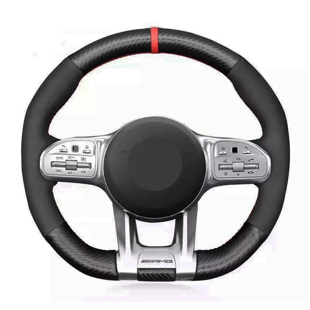 

For Mercedes Benz AMG GT C190 R190 W177 2018-2021 DIY Car Steering Wheel Cover Black Carbon Fiber Suede Car Accessories