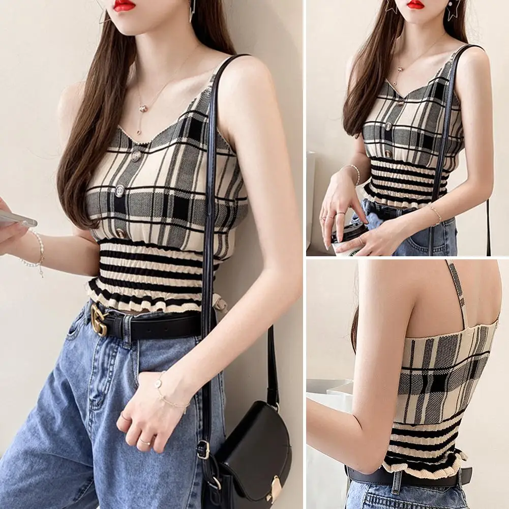 

Summer Fashion Women Plaid Slim Frill Waist V Neck Sleeveless Crop Top Vest Blouse female girls beach top wholesale