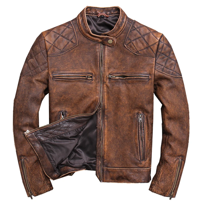 

Jacket Genuine Leather Men's Retro Distressed Cowhide Motorcycle Clothing Leather Jacket men's Trendy Jacket