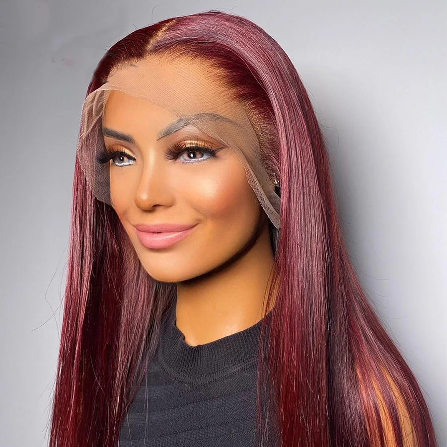 

Burgundy Preplucked 26 Inch Long Silky Straight Transparent Lace Front Synthetic Wig For Black Women With Baby Hair 99j Glueless