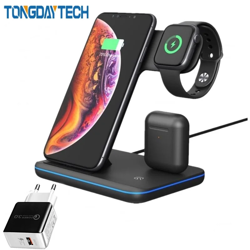 Tongdaytech 3 в 1 Qi Быстрое беспроводное зарядное устройство для Apple Airpods Pro Watch 5 4 3 2 1 быстрая док-станция для зарядки для Iphone 8 XS 11 Pro