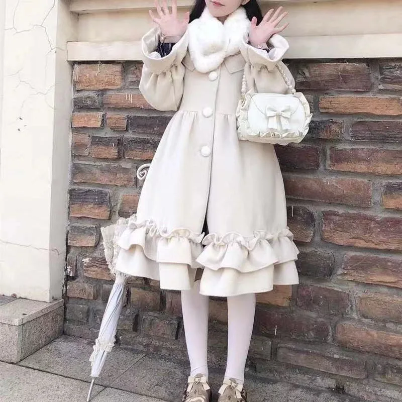 

2021 Japanese Style Autumn Winter Women Lolita Woolen Coats Sweet Kawaii Long Ruffles Girls Jackets Cute Y2k Trend Outerwears