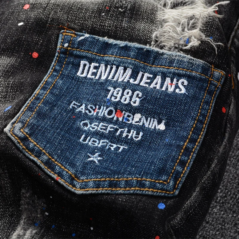 American Street Fashion Men Jeans Retro Black Gray Elastic Cotton Slim Ripped Jeans Men Pocket Patched Hip Hop Denim Punk Pants