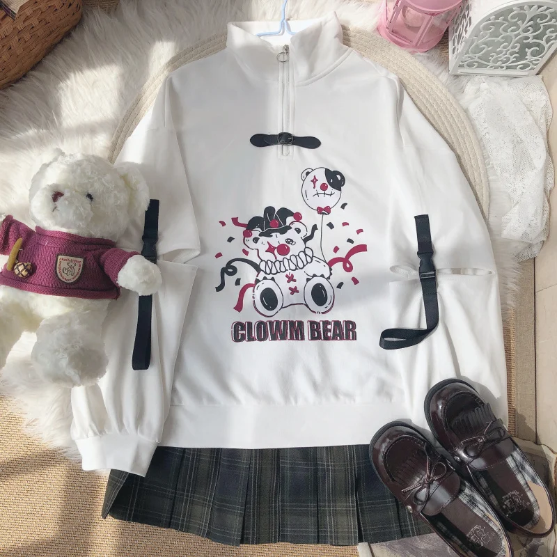 

New Japanese Autumn Winter Pullover Women Diablo Gothic Bear Print Stand-up Collar Long Sleeve Tops Girl Sweatshirt Student