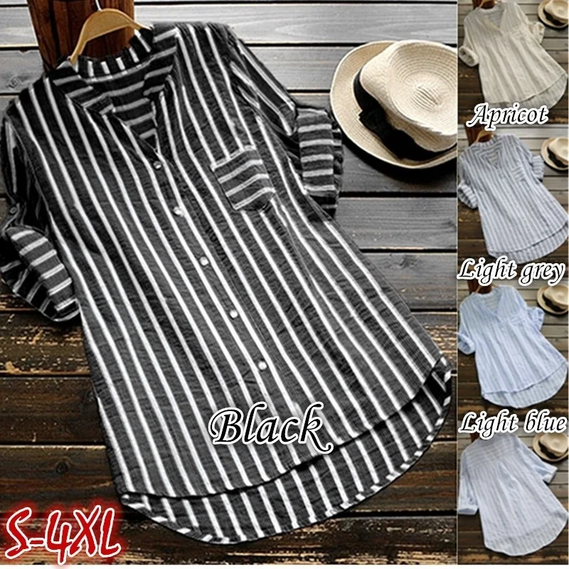 

Zogaa New Women Summer Shirts Short Sleeve Women Blouses Casual V-neck Striped Regular Sleeve Ladies Tops Plus Size S-5XL