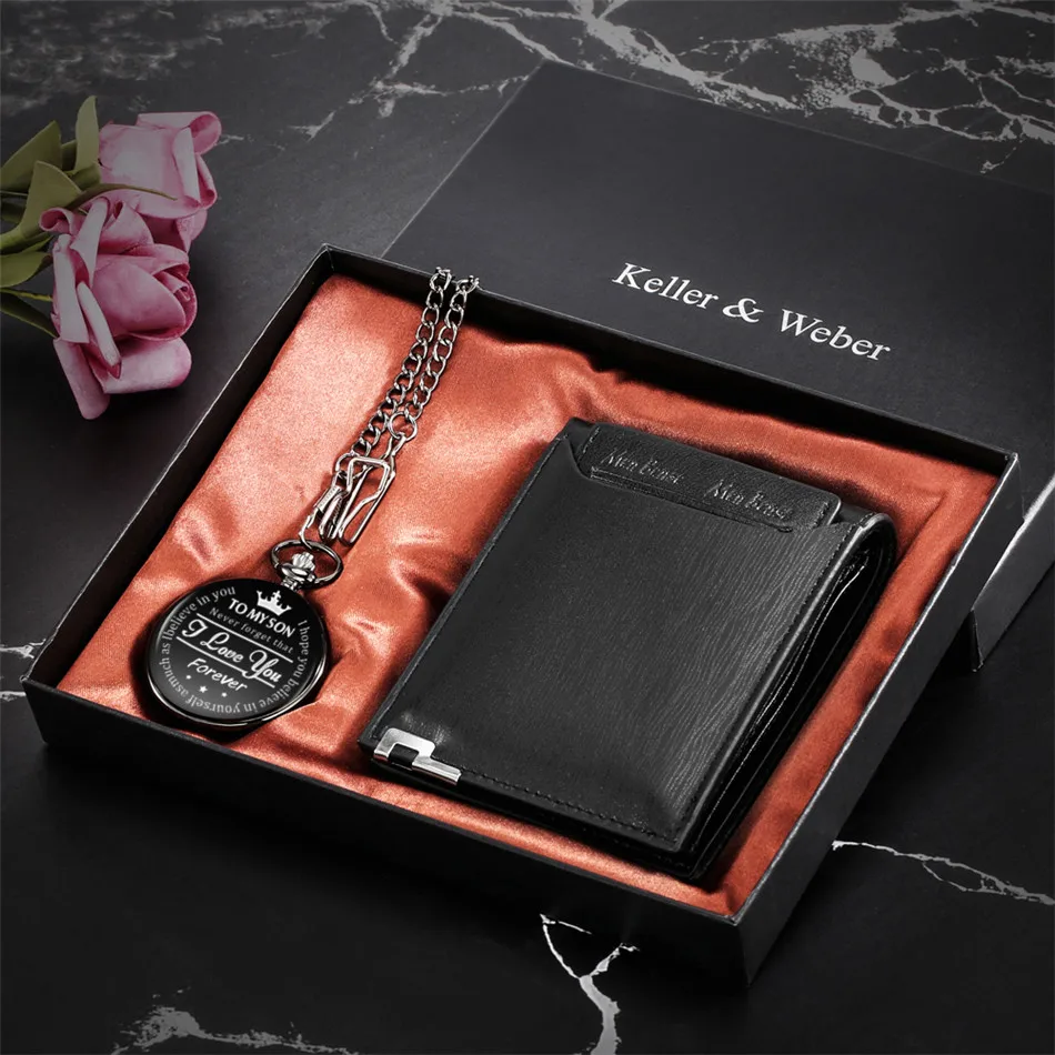 

Keller & Weber To My Son Birthday Pocket Watch Wallet Sets Quartz Pendant Pocket Clock Fashion Purse Gift Box Set