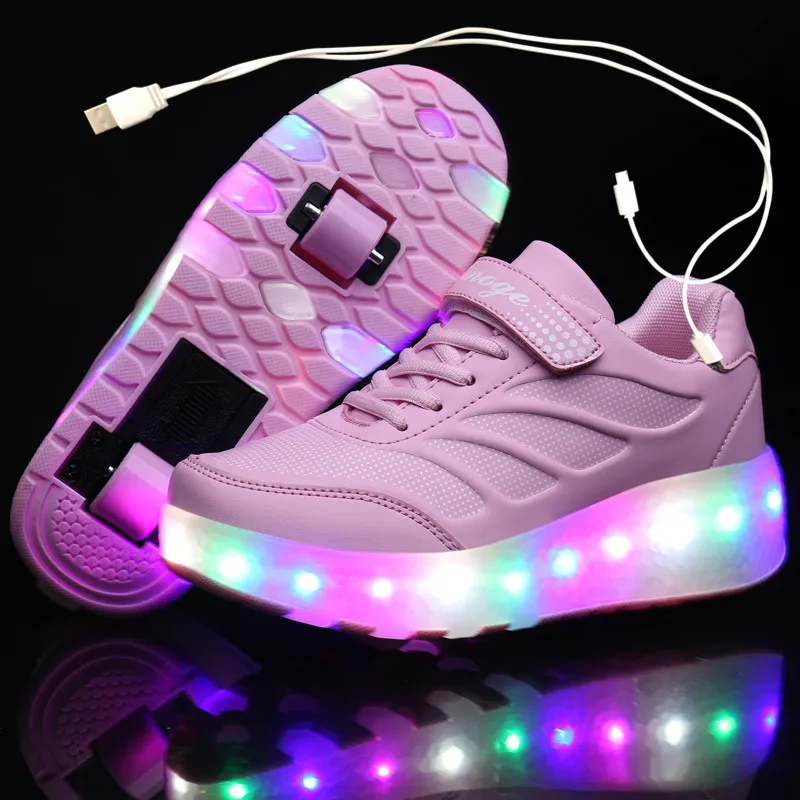 USB Charging Black Two Wheels Luminous Sneakers Led Light Ro