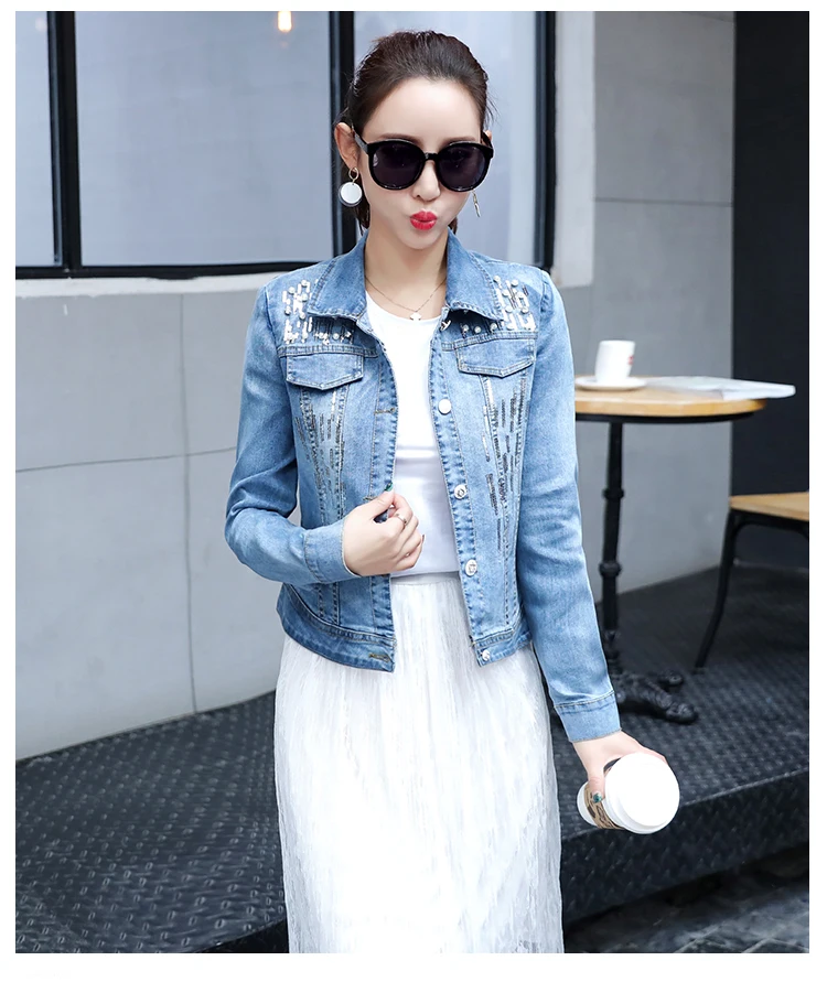 2020 autumn women fashion slim water wash single breasted sequined denim outerwear lady short design jean cotton casual jacket | Женская