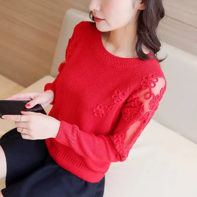

Women Pullovers 2020 Sexy Lace Pullover Sweaters Fashion Patchwork Embroidery Collar Knitted Tops Pull Femme