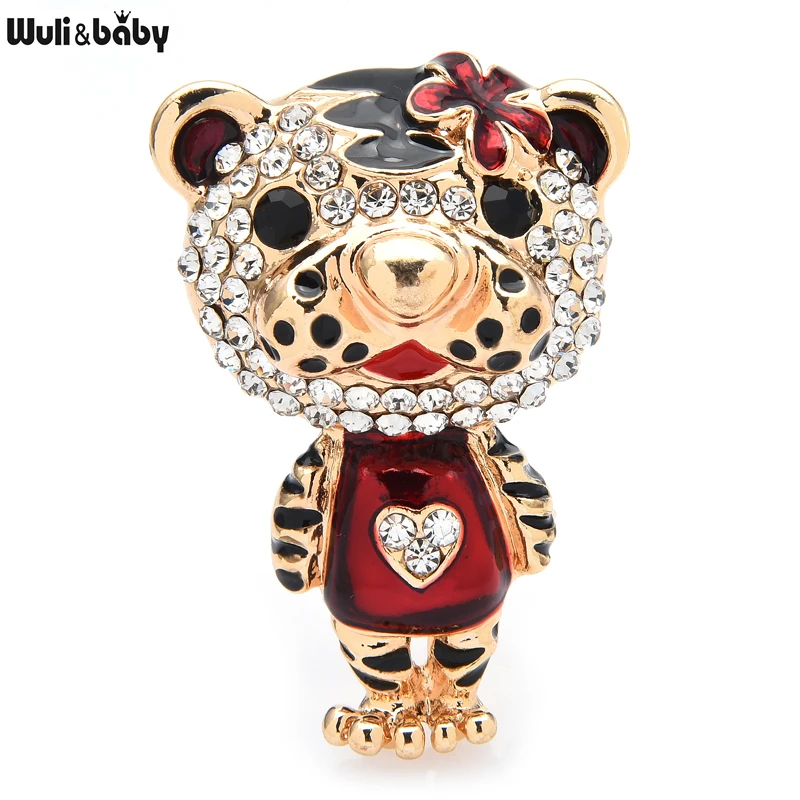 

Wuli&baby Cute Flower Tiger Brooch Pins Cute Rhinestone Heart Animal Brooches For Women and Children Jewelry Gift