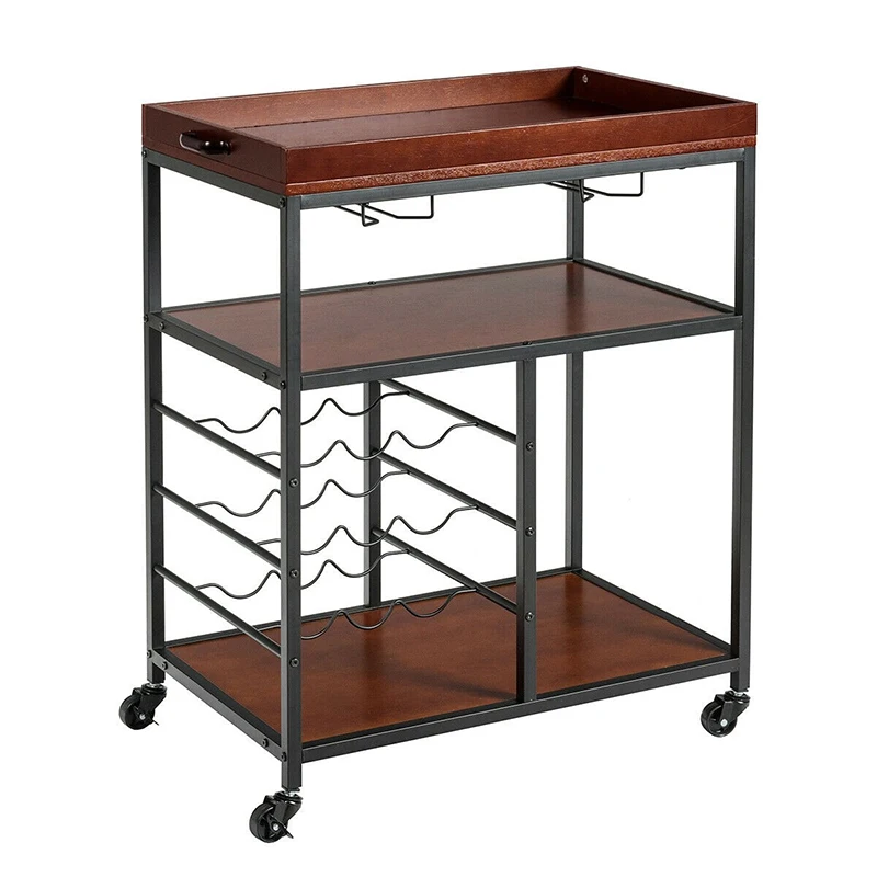 

3 Tier Storage Bar Serving Cart with Wine Rack and Glass Holder High Quality Wood Board Four Swivel Wheels Restaurants Bar Cart