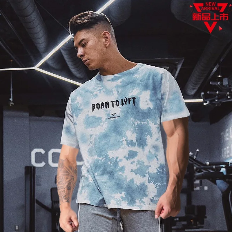

Tie-dye printed T-shirt muscle O-neck pullover half-sleeved short-sleeved sports men's fitness clothes pure cotton outdoor tops