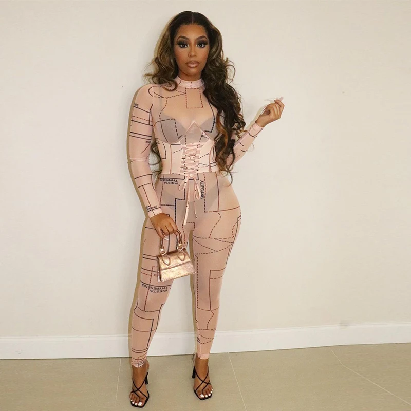 

2021 Summer Fashion Wonmen's Geometry Splicing Mesh Bandage Jumpsuit Sexy Skinny Long Sleeve Romper Club Bar Wear For Women
