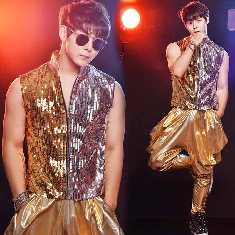 Shining Gold Stage Costumes For Singers Mens Hiphop Haren Pants Burning Man Festival Clothes Nightclub Outfits DJ Costume BL2190 |