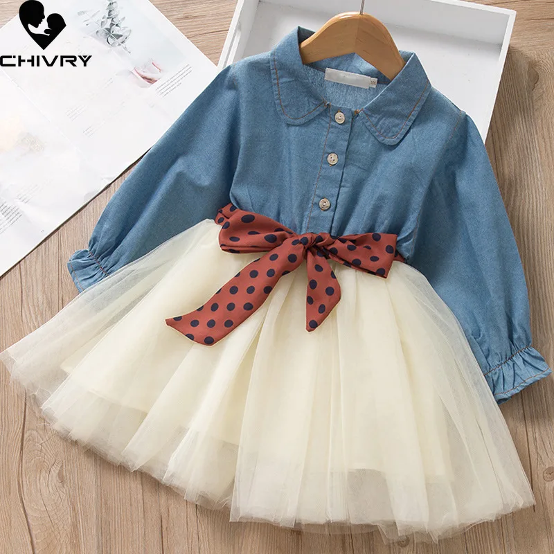 

Girls Fashion Dress Spring Autumn 2022 Baby Girl Denim Mesh Patchwork Dresses Kids Lapel Long Sleeve Princess Dress with Belt