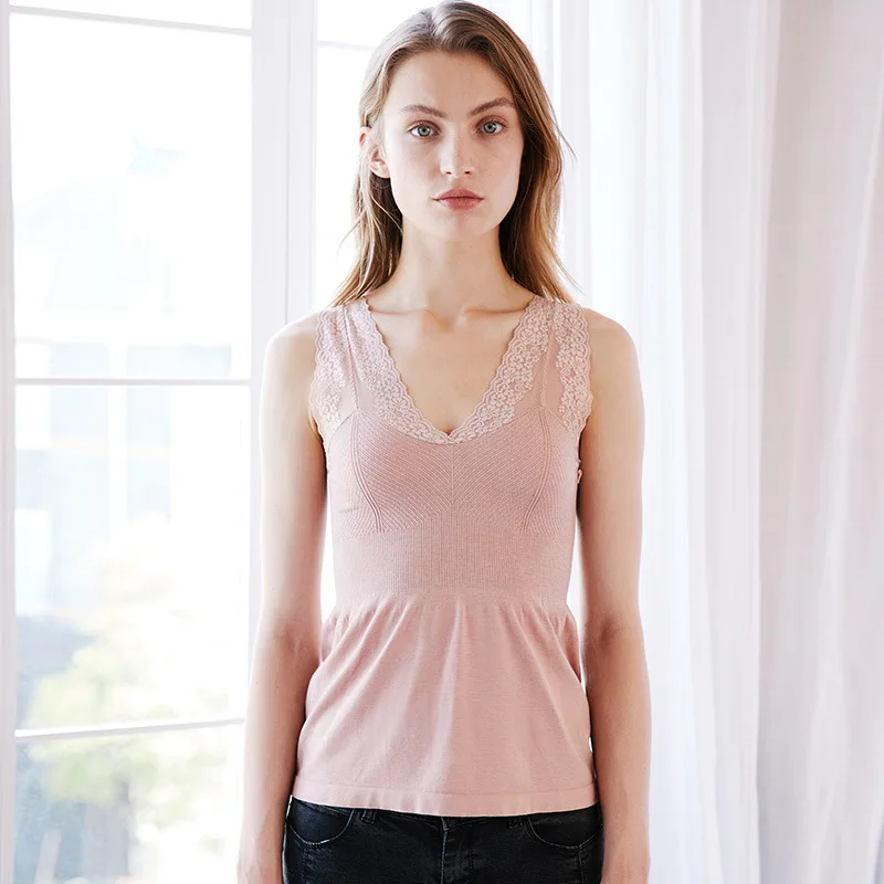 

Women Thermal Vests Warm Tank Top V Neck Lace Underwear Seamless Rib Shaper Autumn and Winter Bottoming Shirt Plus Size Lace Top