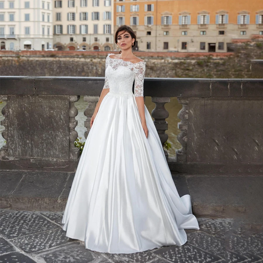 

Off the Shoulder A-line White Lace and Matte Satin Wedding Dress Half Sleeves Bridal Gown vestidos de boda para novia