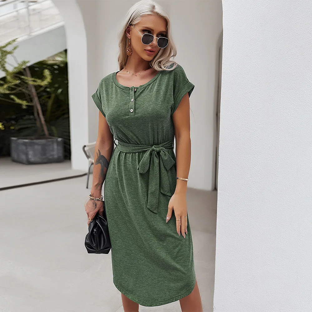 

Women's solid color dress 2021 spring and summer short-sleeved knitted skirt casual holiday style