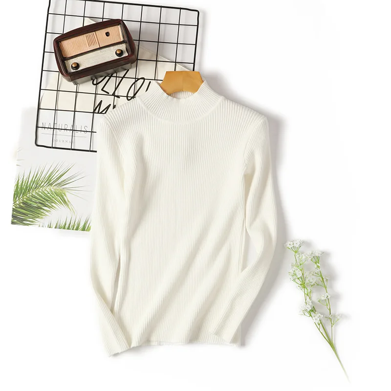 Simple style turtleneck sweater women's unadorned slim solid color rib knit long sleeve bottoming Jumpers pullover female spring | Женская