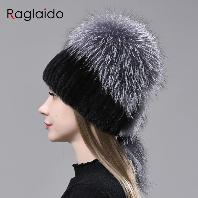 

mink fur hat winter warm hat for woman stylish natural fur knittings hat mink fox fluffy fur cap with tails ladies fur hat
