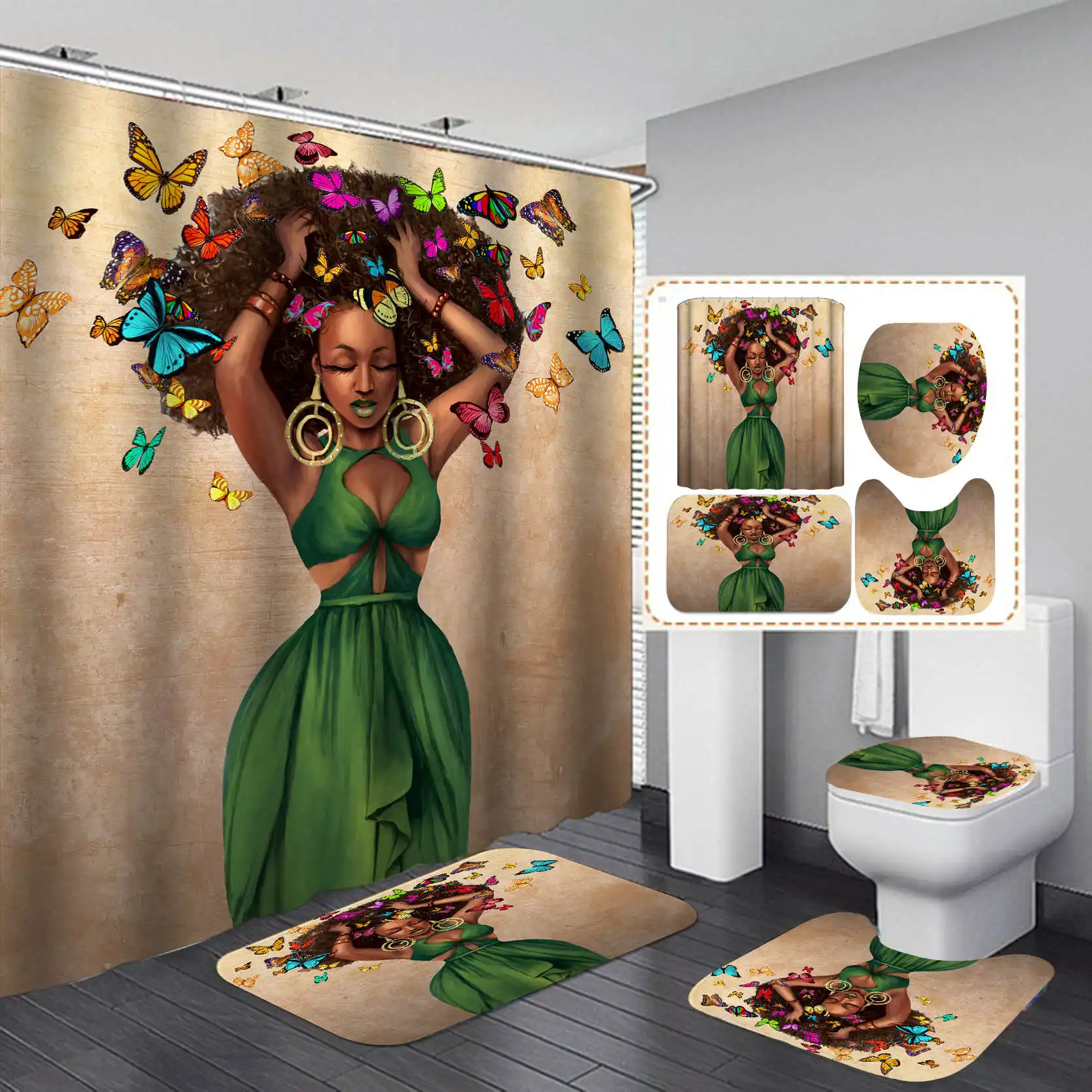 

African woman Print Shower Curtain 4 Piece Carpet Cover Toilet Cover Bath Mat Pad Set Bathroom Curtain with 12 Hooks