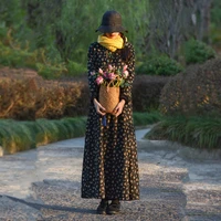 free shipping 2021 new fashion cotton fleece thick warm long maxi dress women long sleeve loose dresses flower chinese style