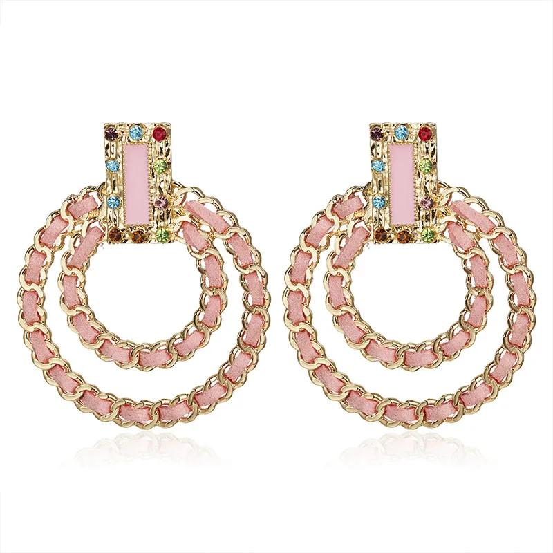 pink Винтажные серьги для женщин, Кристалл, горный хрусталь, геометрический круг, Висячие длинные серьги капельки, большие серьги, массивные богемные ювелирные изделия - Окраска металла: pink