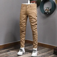 korean style fashion men jeans khaki elastic slim fit spliced designer casual jeans men streetwear hip hop denim pencil pants